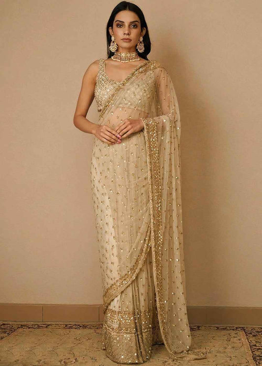 Ivory Net Saree with Gold Applique