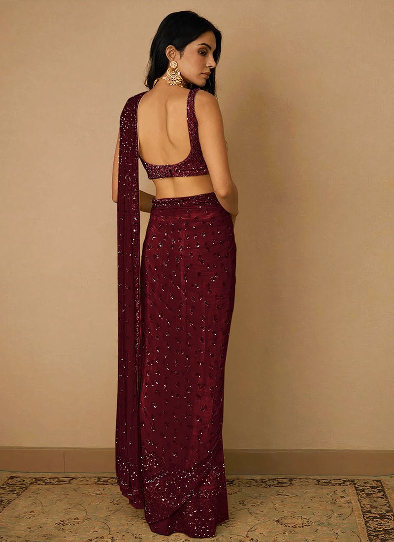 Maroon Net Embroidered Saree