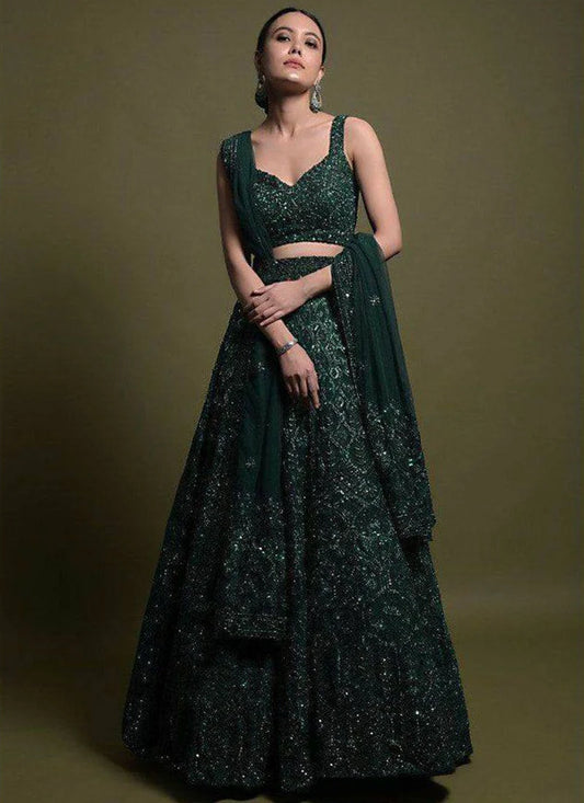 Green Net Sequin Lehenga