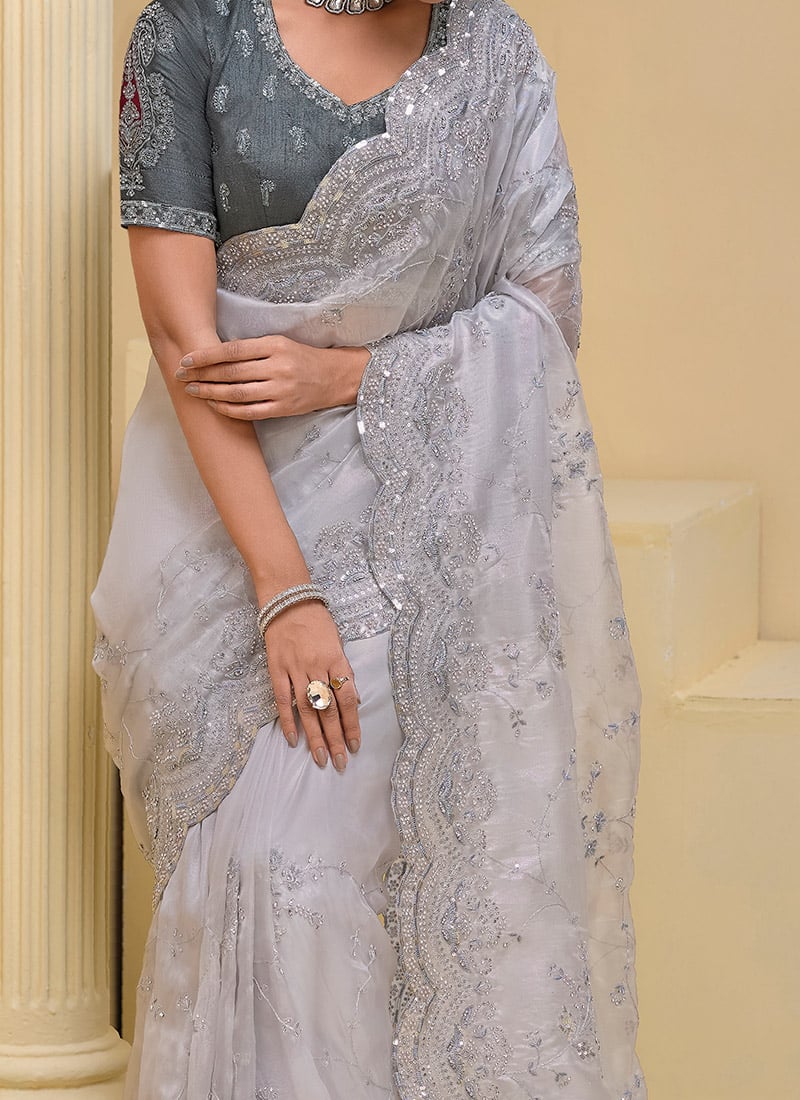 Grey Soft Shine Zarkan Embroidered Sequin Bead Work Saree