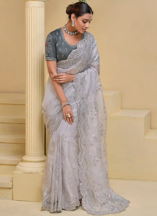 Grey Soft Shine Zarkan Embroidered Sequin Bead Work Saree