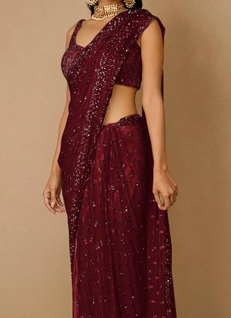 Maroon Net Embroidered Saree