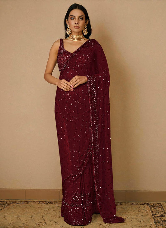 Maroon Net Embroidered Saree