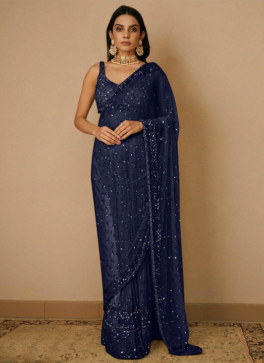 Midnight Blue Net Embroidered Saree